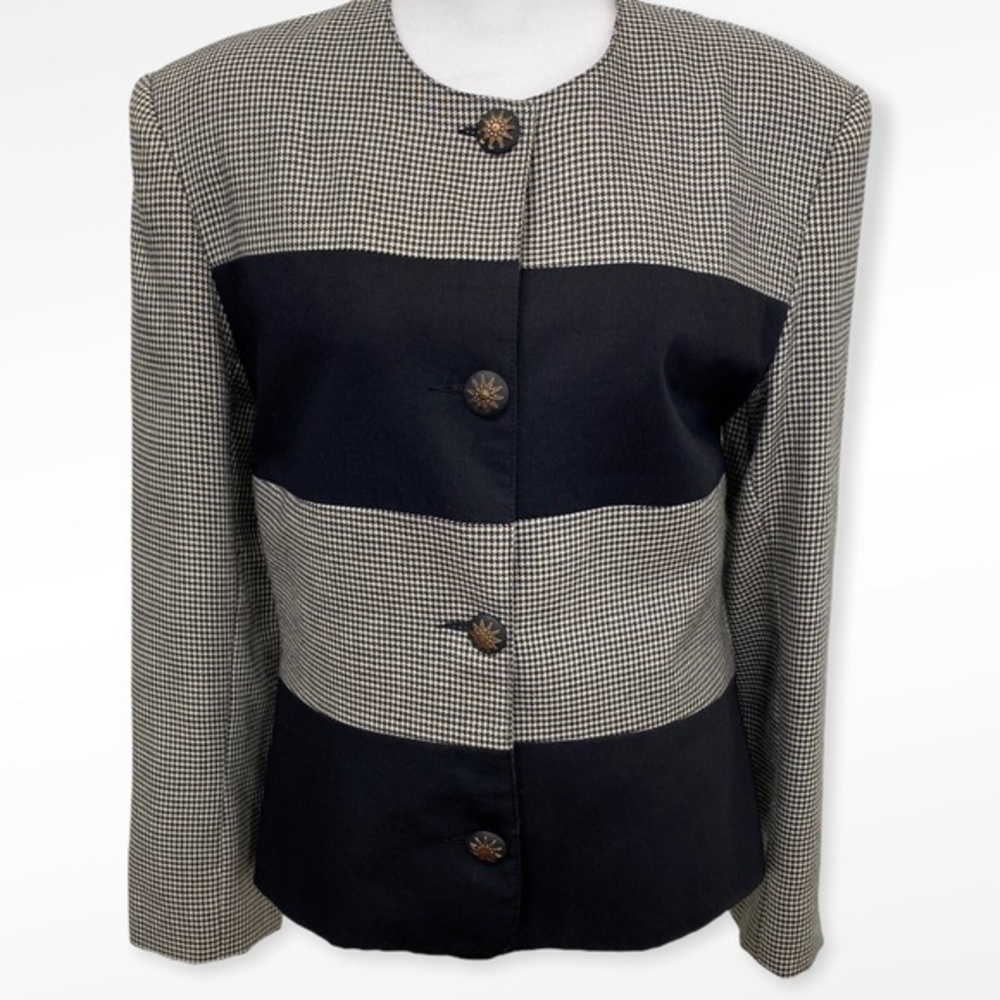 Vintage Bagatelle Black White Houndstooth Stripe Celestial Button Blazer